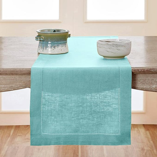 Solino Home Linen Aqua Blue Table Runner 156 Inches Long - 100% Pure Linen Extra Long Table Runner 14 x 156 Inch for Winter - Classic Hemstitch