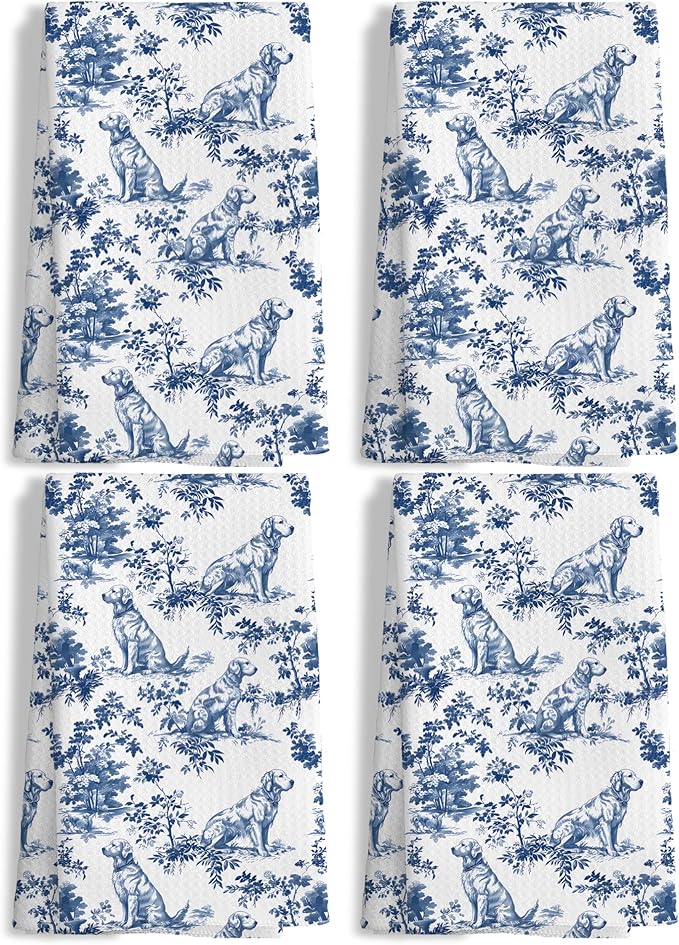 Chinoiserie Golden Retriever Kitchen Towels Set of 4,Blue and White Floral Golden Retriever Decorative Dish Tea Towels, Grandmillennial Botanical Dog Hand Towels for Kitchen Bathroom, 16x24 Inch