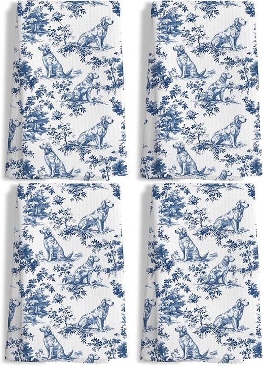 Chinoiserie Golden Retriever Kitchen Towels Set of 4,Blue and White Floral Golden Retriever Decorative Dish Tea Towels, Grandmillennial Botanical Dog Hand Towels for Kitchen Bathroom, 16x24 Inch