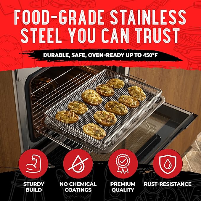 Air Fryer Basket for Oven(Set of 2) – Stainless Steel Air Fryer Tray and Pan Set with 50 Parchment Papers & Food Tongs – Oven Air Fryer Basket and Tray for Baking, Grilling, Crisping