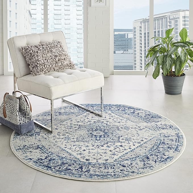 Nourison Home Tranquil Ivory/Light Blue 7’10” x Round Area Rug - Easy Clean, Non Shedding, Bed Room, Living Room, Dining Room, Kitchen (8' x Round)