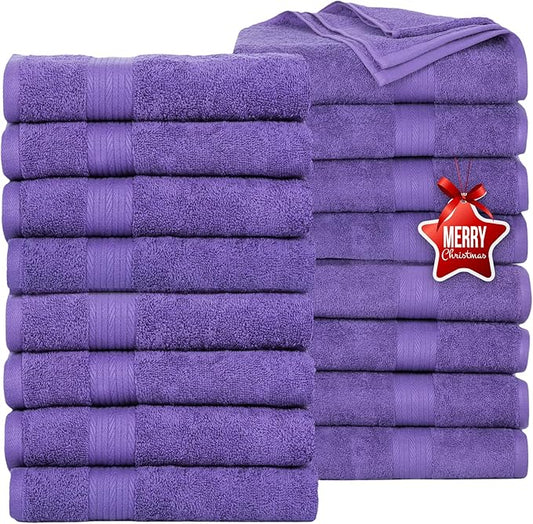 Ample Decor Bath Towels Pack of 16 600 GSM 100% Cotton, Absorbent Soft Premium Quality Machine Washable, Oeko Tex Certified, for Bathroom, Hotel, Spa, Gym, Kitchen - Purple - 30 X 54 Inch