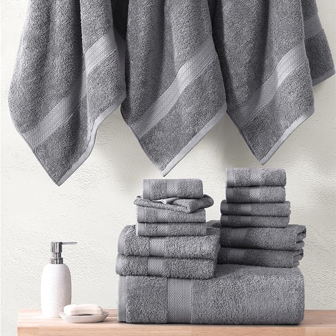 LANE LINEN 100% Ring Spun Cotton Bath Towel Set - 18 PCs - 4 Shower Towels, 8 Washcloths, 6 Hand Towels for Bathroom - Machine Washable, Quick Drying, Soft & Highly Absorbent - Space Grey