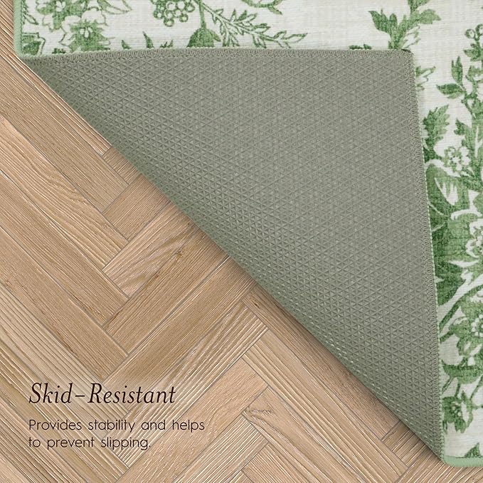 Laura Ashley Sage Ivory Bedford Floral Machine Washable & Slip Resistant 26" x 72" Runner Rug