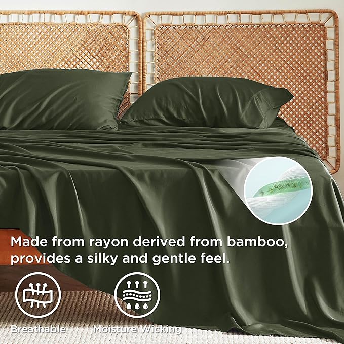 Bedsure California King Sheet Sets, Cooling Sheets, Rayon Derived from Bamboo, Breathable & Soft, Deep Pocket Up to 16 Inches, Hotel Luxury Silky Bedding for Hot Sleepers, Olive Green