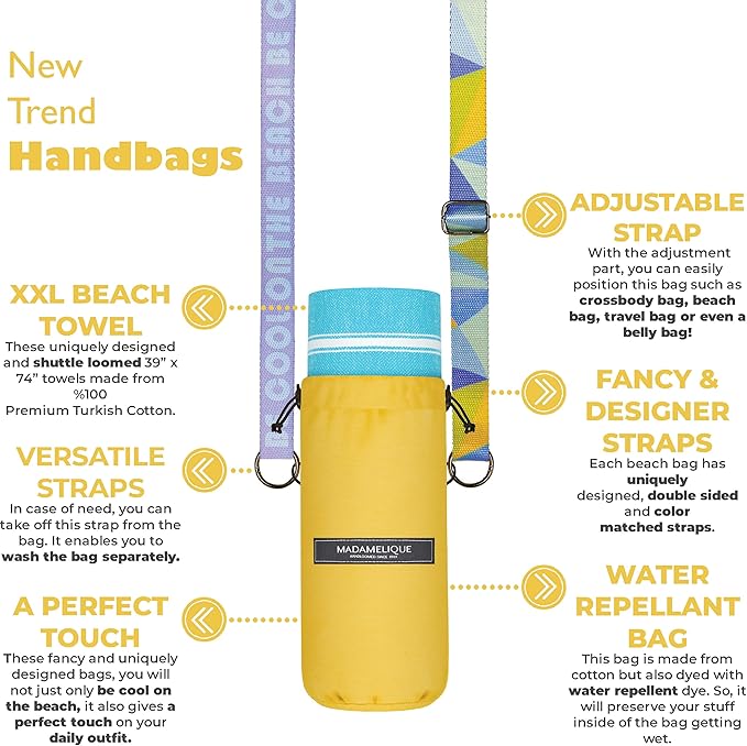 Madamelique Beach Towel with Beach Bag - 39 x 74 - Prewashed Beach Towels Oversized -%100Cotton - Quick Dry - Sand Free - Hand Loomed Turkish Bath Towels - Unique Turkish Towel (Turquoise)