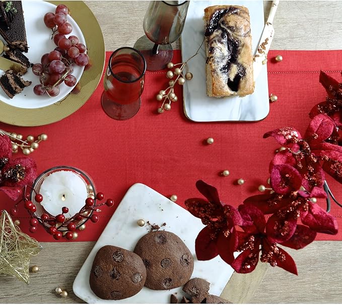 Solino Home Linen Red Table Runner 120 Inches Long - 100% Pure Linen 14 x 120 Inch Table Runner for Valentines, Holiday, Winter, New Year - Classic Hemstitch