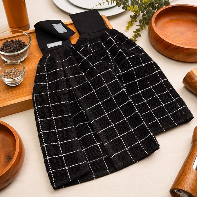Blue Needles Hanging Kitchen Towels - Black 100% Cotton Solid Kitchen Tie Towel, Set of 2 Hand Dish Cloth with Hanging Loops 9 x 17 Inches, Absorbent, Super Soft, and Fast Drying Home Essential