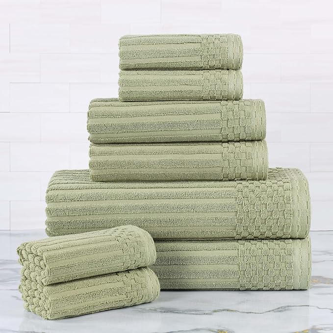 Cotton 8-Piece Solid and Ribbed Towel Set, Face Towels 13” x 13”, Hand Towels 16” x 28”, Bath Towels 27” x 54”, Sage by Superior