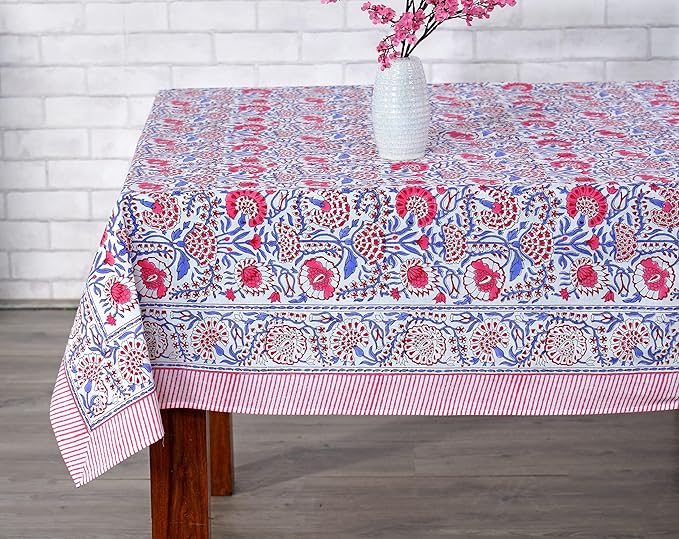 Ridhi Pigeon Blue Flamingo Pink Hand Block Print Cotton Rectangle Tablecloth 160" x 72" inches Reusable Table Cover Decorative Everyday Use for Dining, Farmhouse, Home, Party, Festive, Wedding, Fall