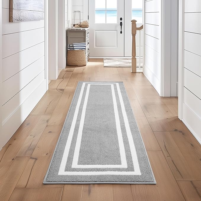 Nautica – Runner Rug | Indoor Runners for Hallways and Entry Rugs| Non-Slip and Non-Skid Entry and Kitchen Door Mat| Machine Washable Entryway Carpet Rugs | 2'6" x 10' | Double Border Light Grey