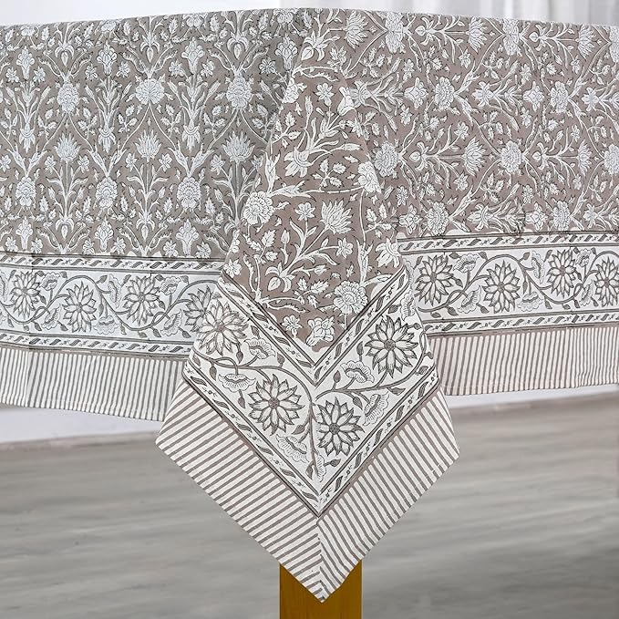 Ridhi Taupe Hand Block Print Cotton Rectangle Tablecloth 120" x 80" inches Reusable Table Cover Decorative Everyday Use for Dining, Farmhouse, Home, Party, Festive, Wedding, Fall