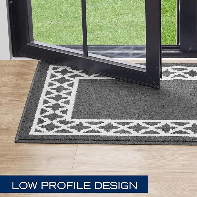 Nautica Runner Rug, Indoor Carpet for Entryway & Hallway Rug, Non-Skid Entry and Kitchen Door Mat, Machine Washable Low Profile Floor Mat, 26" x 96", Trellis Border Dark Grey and White