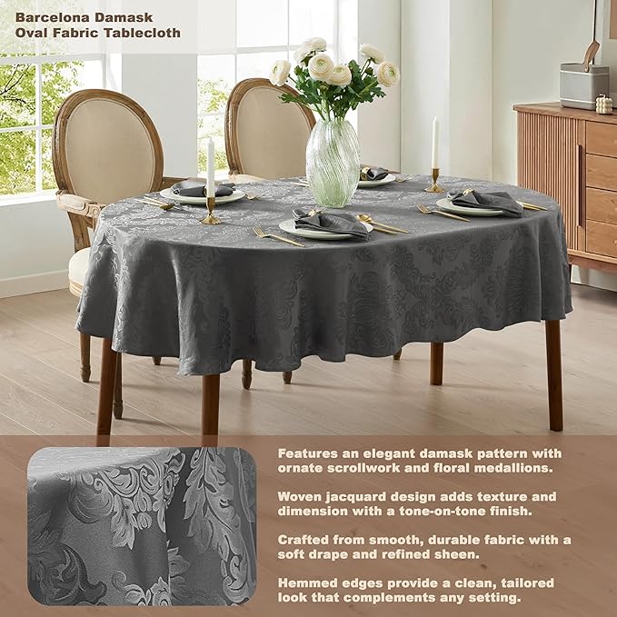 Newbridge Christmas Barcelona Damask Fabric Tablecloth, 60 x 84 Inch Oval, Grey – No Iron, Soil Resistant Table Cover for Dining, Parties and Holidays
