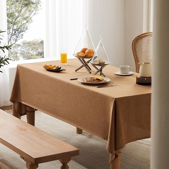 Linen Tablecloth for Square Table, 52x52 Inch Caramel, Farmhouse Style Brown Tablecloth, Water Resistant Burlap Tablecloths for Dining Table Farmhouse Kitchen