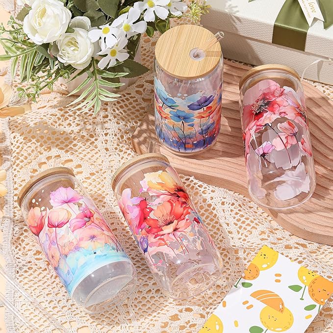 Mumufy 4 Pack 16 oz Watercolor Floral Glass Tumbler with Bamboo Lid & Straw, Colorful Garden Flower Iced Coffee Mug, Reusable Aesthetic Drinkware, Christmas/mother's Day/birthday Gift for Mom Sister