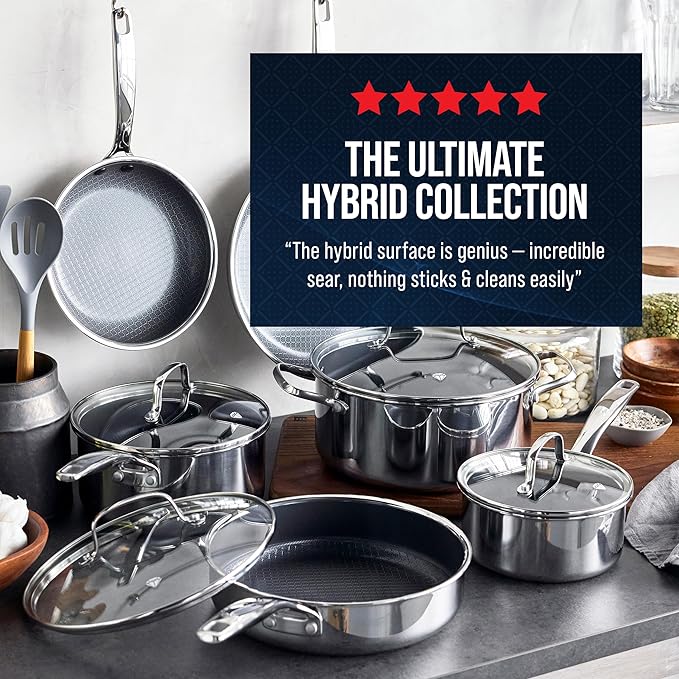 Blue Diamond Hybrid Nonstick Stainless Steel 12 Piece Cookware Set, Tri-Ply PFAS-Free Ceramic Diamond Bond Pots & Pans, Dishwasher & Oven Safe to 850F, Induction Ready, Metal Utensil Safe, Silver