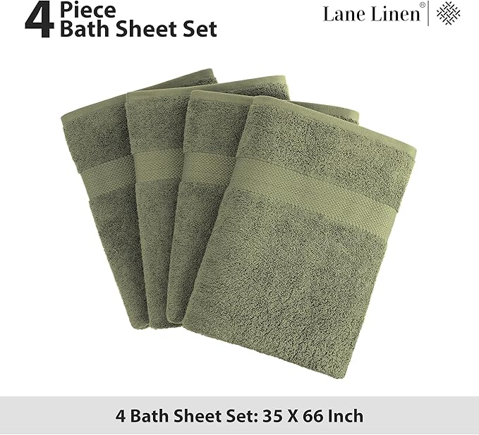 LANE LINEN 100% Mercerized Cotton Bath Sheet Set of 4 (35"x66") - Quick Drying, Ultra Soft & Durable Extra Large Towel Sets - Fade Resistant, Highly Absorbent - Oversized Daily Use Towels - Oil Green