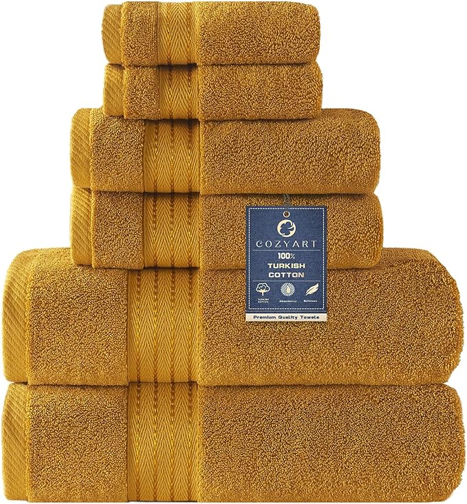 COZYART Gold Bath Towel Set 6pcs, Turkish Cotton Bathroom Towel Sets Soft Absorbent and Durable 650 GSM Luxury 6 Pcs with 2 Bath Towels, 2 Hand Towels, 2 Washcloth