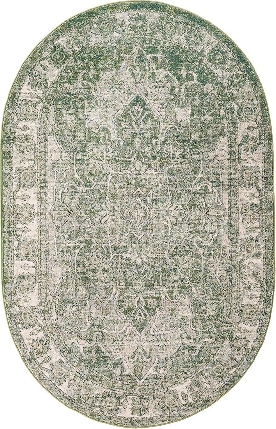 Unique Loom Isabella Collection Area Rug - Adjani (5' 1" x 8' Oval, Green/ Ivory)
