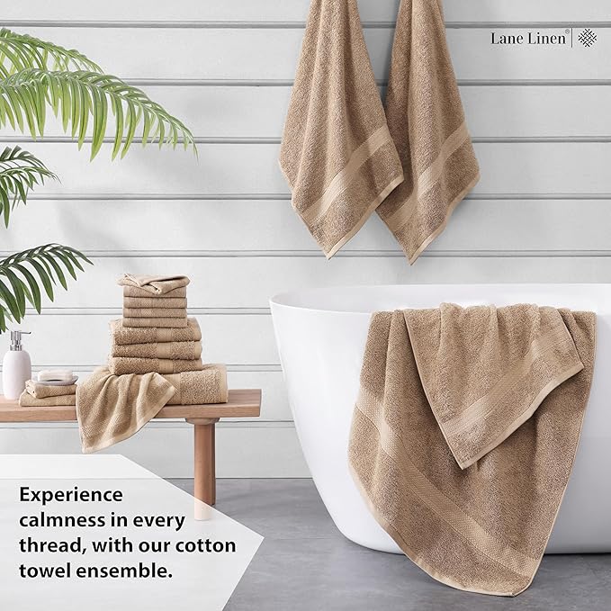 LANE LINEN 100% Mercerized Cotton Bathroom Towel Set - 16 Pieces - Fluffy, Super Soft & Highly Absorbent - 4 Bath Towels, 8 Washcloths, 4 Hand Towels - Ring Spun, Double Sided Cotton Terry - Taupe