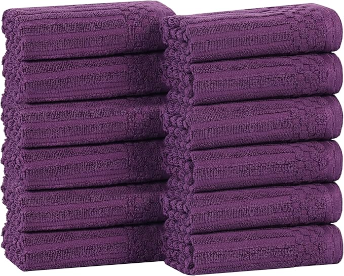 Superior Cotton Face Towel/Washcloth Set of 12, Daily Use for Bathroom, Guest Bath, Quick Dry Small Towels, Face, Hand, Gym, Spa, Hotel, Absorbent, Essentials, Ribbed, Soho Collection, Plum