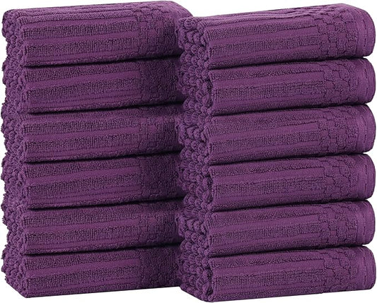 Superior Cotton Face Towel/Washcloth Set of 12, Daily Use for Bathroom, Guest Bath, Quick Dry Small Towels, Face, Hand, Gym, Spa, Hotel, Absorbent, Essentials, Ribbed, Soho Collection, Plum