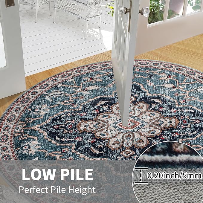 Easy-Going Round Rug 6ft Area Rug Medallion Distressed Washable Circle Rugs for Living Room Non-Slip Bedroom Rug Low Pile Lightweight Vintage Retro Throw Rug for Dining Room Kitchen Office, Teal Brick