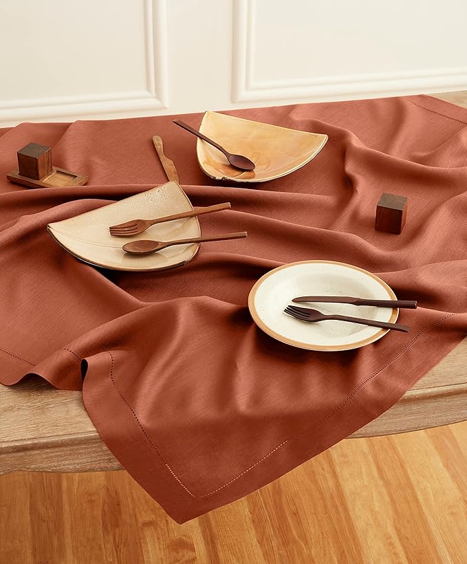 Solino Home Linen Cinnamon Tablecloth 52 x 52 Inch - 100% Pure Linen Square Table Throw - Classic Hemstitch, Machine Washable Table Cloth