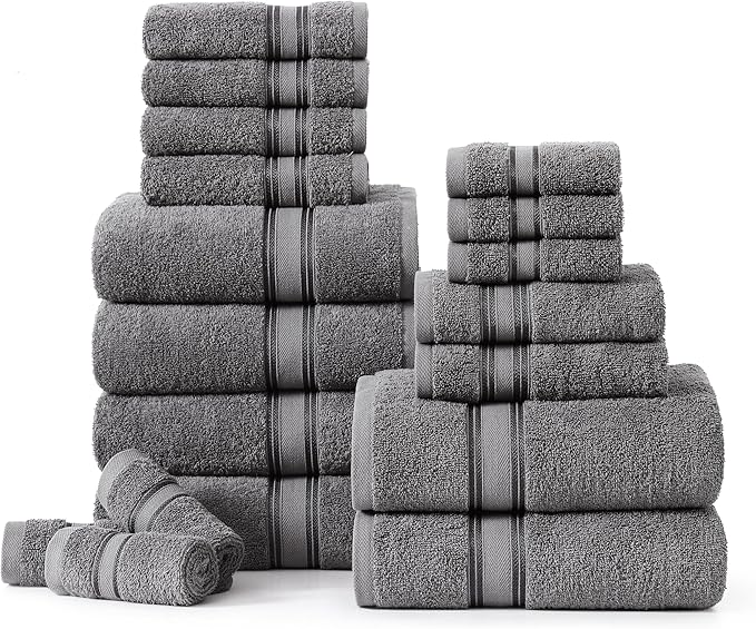 LANE LINEN 100% Mercerized Cotton Bath Towels Set of 18 – Zero Twist, 6 Bath, 6 Hand Towel & 6 Washcloths, Soft, Ideal for Spa Hotel & Home, Gentle on Body, Durable After Multiple Washes – Cool Grey
