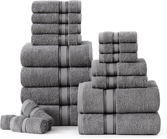 LANE LINEN 100% Mercerized Cotton Bath Towels Set of 18 – Zero Twist, 6 Bath, 6 Hand Towel & 6 Washcloths, Soft, Ideal for Spa Hotel & Home, Gentle on Body, Durable After Multiple Washes – Cool Grey