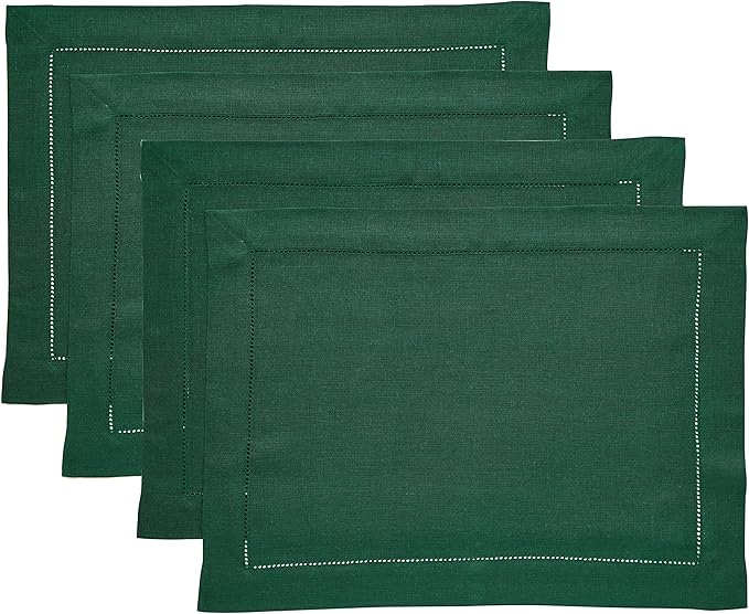 Solino Home Linen Placemats Set of 4 - Classic Hemstitch Rainforest Green Placemats 14 x 19 Inch - 100% Pure Linen Table Mats for Holiday, Winter, New Year