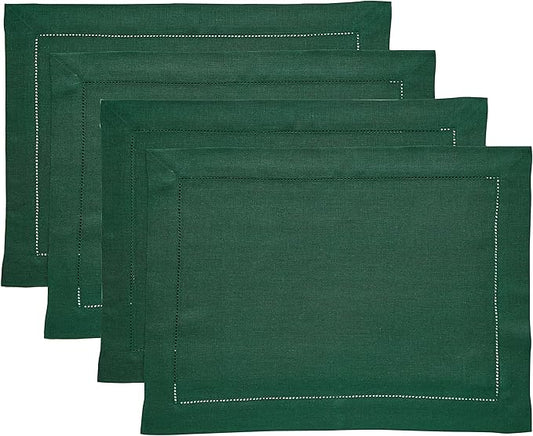Solino Home Linen Placemats Set of 4 - Classic Hemstitch Rainforest Green Placemats 14 x 19 Inch - 100% Pure Linen Table Mats for Holiday, Winter, New Year