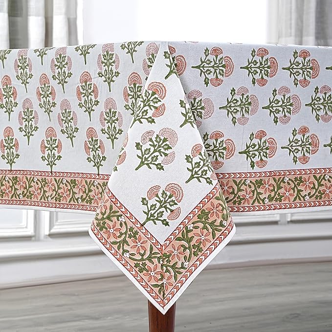 Ridhi Mughal Buta Peach Hand Block Print Cotton Rectangle Tablecloth 108" x 60" inches Reusable Table Cover Decorative Everyday Use for Dining, Farmhouse, Home, Party, Festive, Wedding, Fall