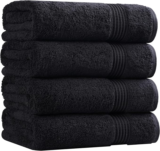 Superior Egyptian Cotton 4-Piece Bath Towel Set for Shower, Bath, Spa, Resort, Hotel, Soft Body Towels, Airbnb Essentials, Apartment, Dorm, Quick Dry, Absorbent, Bathroom Basics, Black