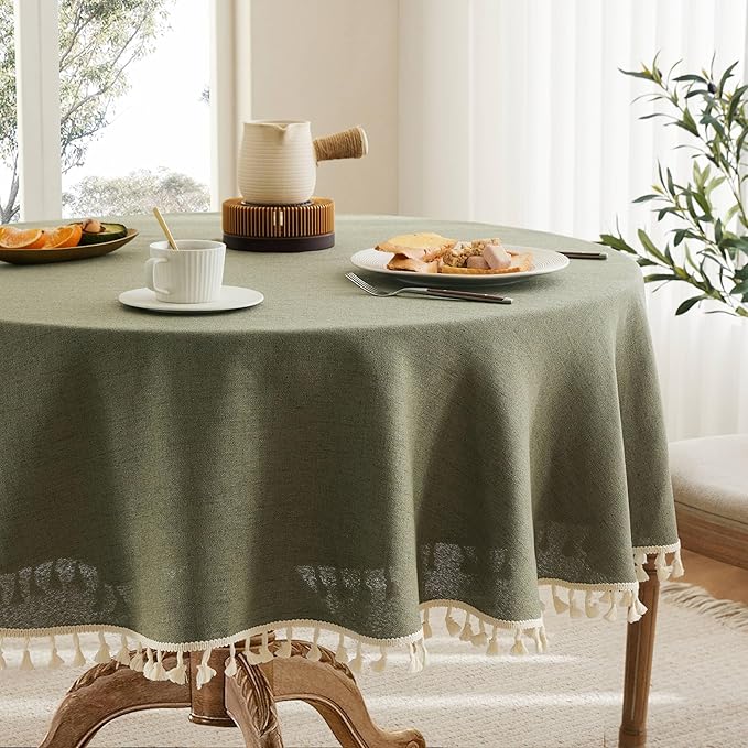 Linen Tablecloth with Tassels, Farmhouse Style GreenTablecloth, Water Resistant Burlap Tablecloths for Round Table, 52 Inch Round Olive