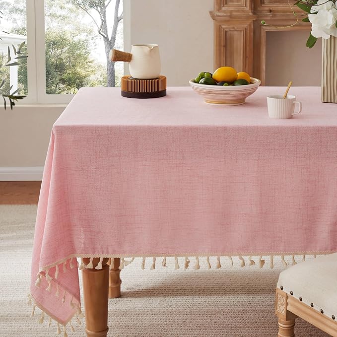 Linen Tablecloth with Tassels, Farmhouse Style Pink Tablecloth, Water Resistant Burlap Tablecloths for Rectangle Table, 60x84 Inch Pink