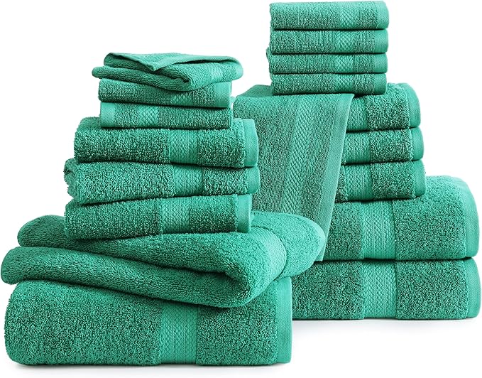 LANE LINEN 100% Ring Spun Cotton Premium Bath Towel Set, 18Pcs Turkish Towels & Washcloths Sets - 4 Bath, 8 Washcloths, 6 Hand - Sustainably Produced, Quick Drying & Gentle on Skin - Emerald