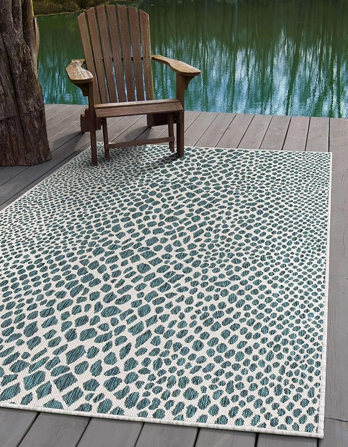 Unique Loom Outdoor Collection Area Rug - Cape Town (7' 10' x 10' Rectangle, Teal/ Ivory)