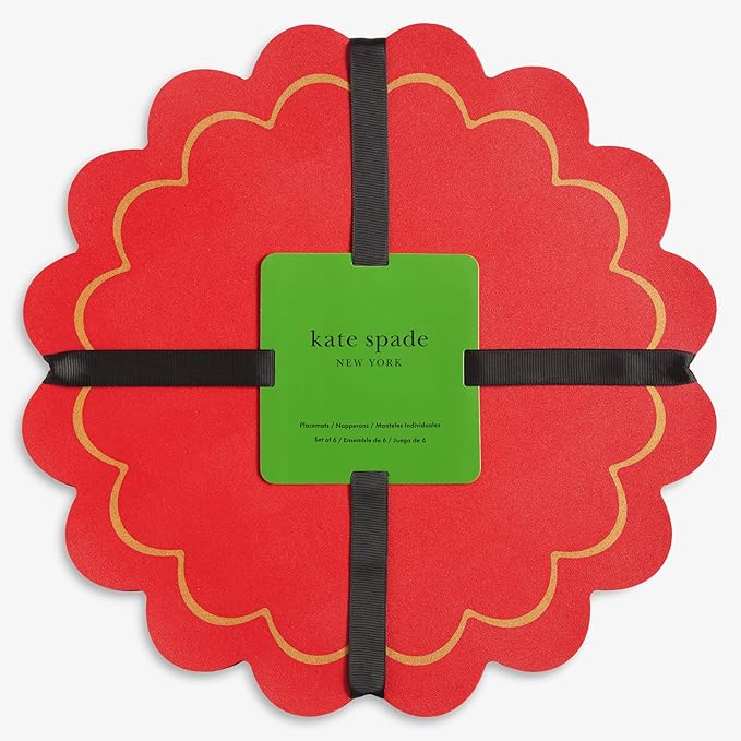 Kate Spade New York Scallop Edge Round Reversible Placemats 6-Pack Set, Imitation Leather with Metallic Print, Water Resistant, Easy Wipe Clean, Red/Gold, 15" Round