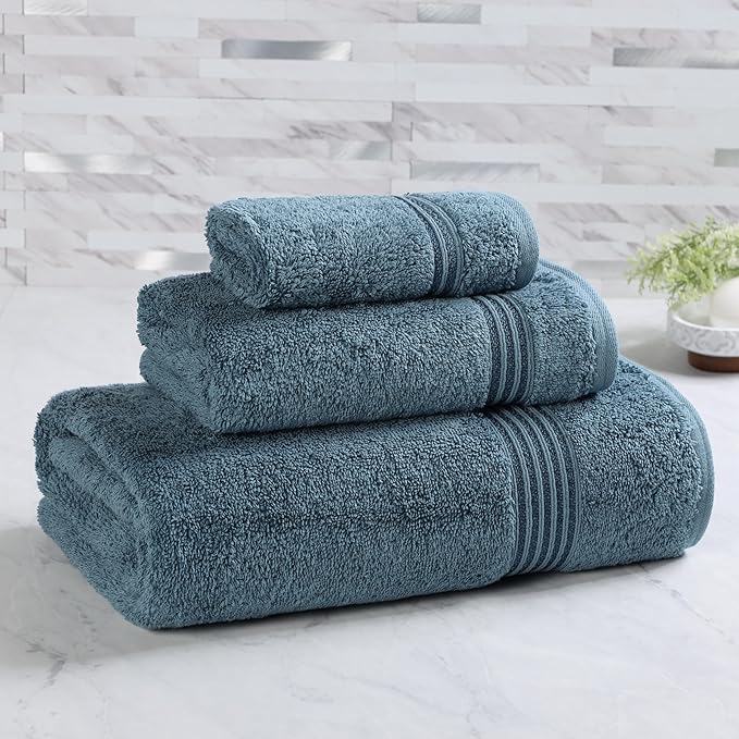 Superior Heritage Egyptian Cotton 3 Piece Towel Set, Heavyweight Towels for Bathroom, Guest Bath, Luxury Home Decor, Plush Absorbent Essentials, Includes 1 Bath, 1 Hand, 1 Face Towel, Sapphire