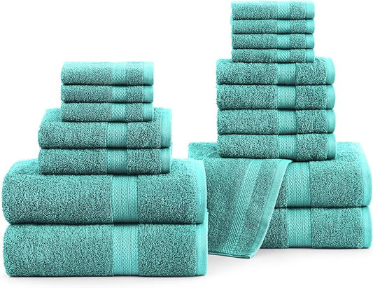 LANE LINEN 100% Ring Spun Cotton Bath Towel Set, 18PCs - 4 Shower Towels, 8 Washcloths, 6 Premium Hand Towels for Bathroom - Hotel Quality Softness & Oeko-Tex Certified, Sustainably Produced - Teal