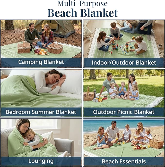 LANE LINEN Beach Blanket Sandproof – Lightweight Oversized Picnic Mat with Quick-Dry Comfort & Diamond Weave Design 82"x82", Beach Accessories Must-Haves, Park Outings, Coastal Getaways – JadeLime