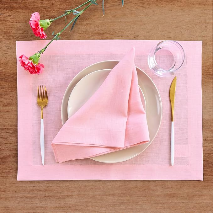 Solino Home Linen Placemats Set of 4 - Pink Lemonade Placemats 14 x 19 Inch - 100% Pure Linen Table Place Mats for Valentines - Fete