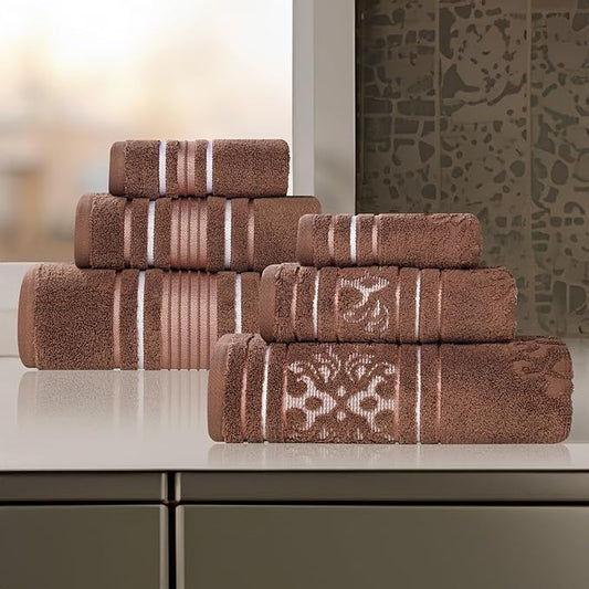 Superior Cotton 6 Piece Assorted Floral Towel Set, Includes 2 Bath, 2 Hand, 2 Washcloth/Face Towels, Quick Dry, Home Essentials, Shower, Spa, Luxury Plush Soft Absorbent Towels, Zero Twist, Chocolate