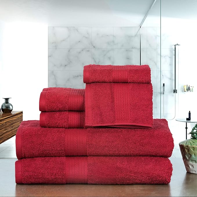Ample Decor 100% Cotton 6 Piece Bathroom Towels Set, 2 Bath Towels, 2 Hand Towels, 2 Washcloths, Quick Drying - Christmas Red Towel Sets