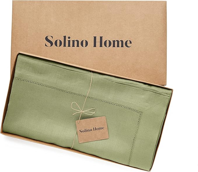 Solino Home Moss Green Linen Tablecloth 60 x 120 Inch - Classic Hemstitch, 100% Pure Linen Rectangular Tablecloth - Machine Washable Table Cloth for Winter