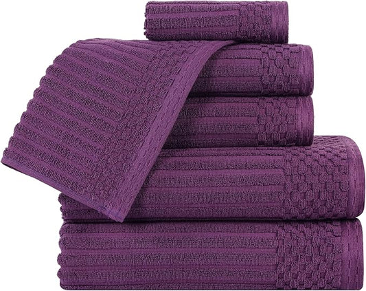 Cotton 6-Piece Solid and Ribbed Towel Set, Face Towels 13” x 13”, Hand Towels 16” x 28”, Bath Towels 27” x 54”, Plum by Superior