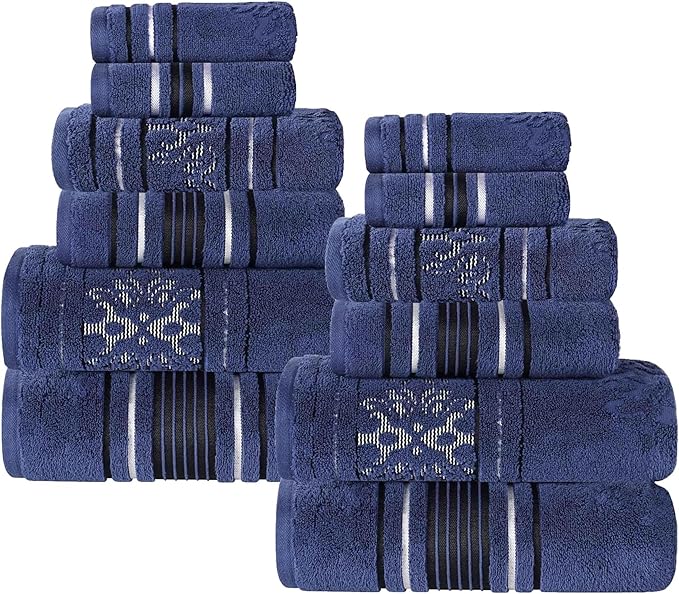 Superior Cotton 12 Piece Assorted Floral Towel Set, Includes 4 Bath, 4 Hand, 4 Washcloth/Face Towels, Quick Dry, Home Essentials, Shower, Spa, Luxury Plush Soft Absorbent Towels, Zero Twist, Navy Blue