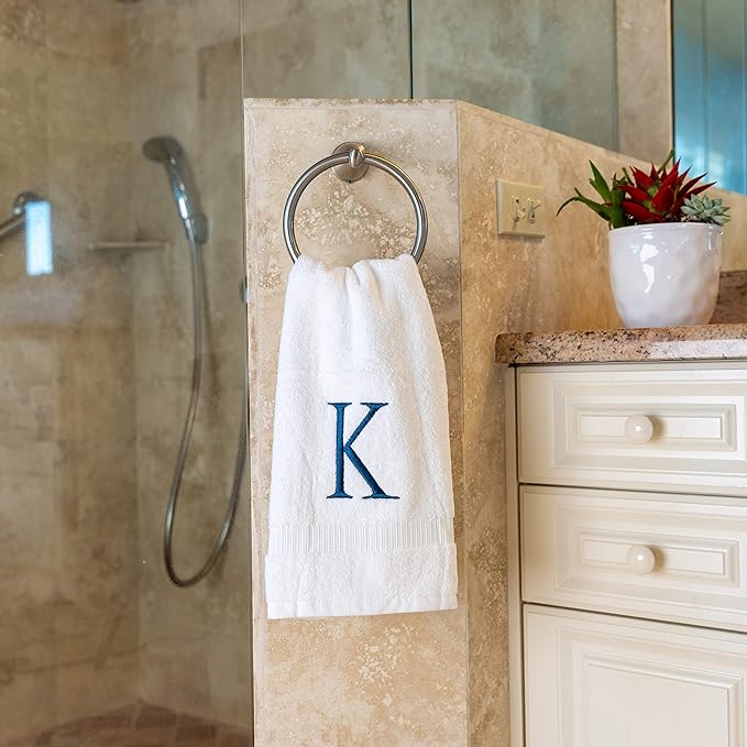 Monogrammed Hand Towels for Bathroom - Luxury Hotel Quality Personalized Initial Decorative Embroidered Bath Towel for Powder Room, Spa - GOTS Organic Certified - Set of 2 Navy Letter K